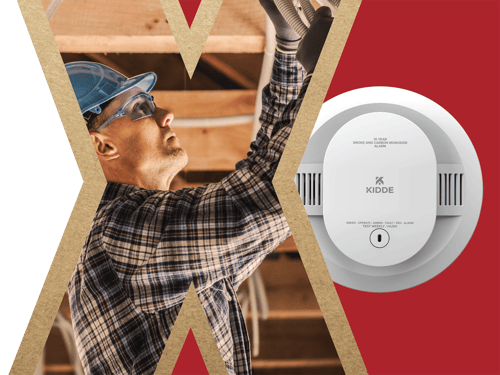 Background image of contractor working, in a cutout of an X, and a smoke alarm behind it