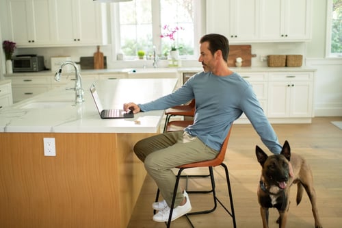 Man in Portland, working from home in kitchen