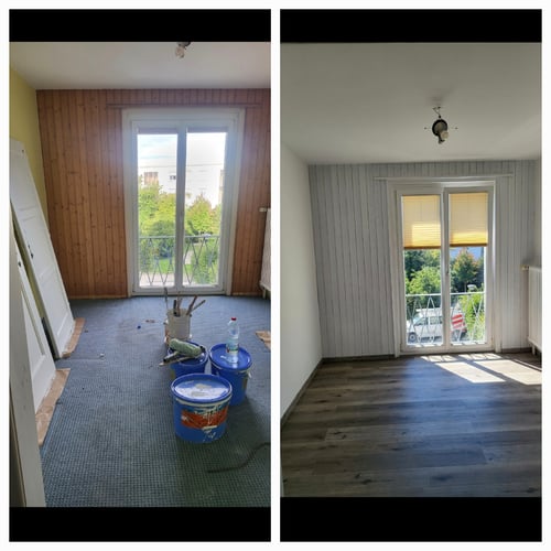Lasure boiserie, peinture murs et plafond, parquet + pleinte
