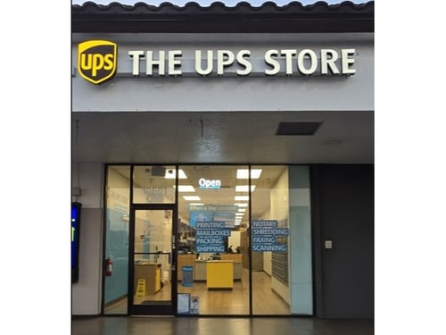 The UPS Store storefront at Shoppes of Lake Village in Leesburg, Florida, showing the glass entrance and official signage.