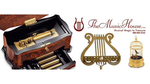 TheMusicHouse logo
 next to various music boxes