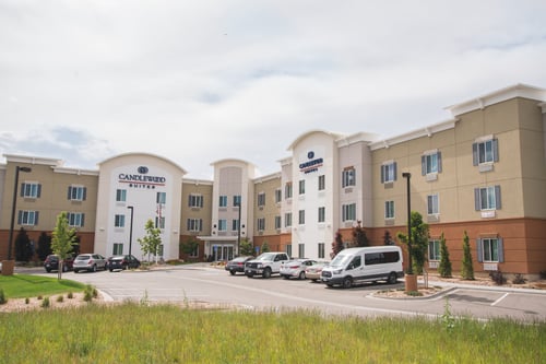 The stunning exterior of The Candlewood Suites in Fort Collins, CO