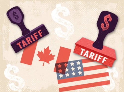 Tariff stamps with Canadian and American flags and dollar signs representing trade tariffs between nations.