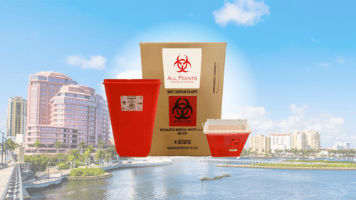 Coastal city skyline with medical waste disposal containers superimposed