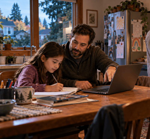 Father helps his daughter with homework using a laptop at the kitchen table while her mother checks a smartphone in their Portland home.