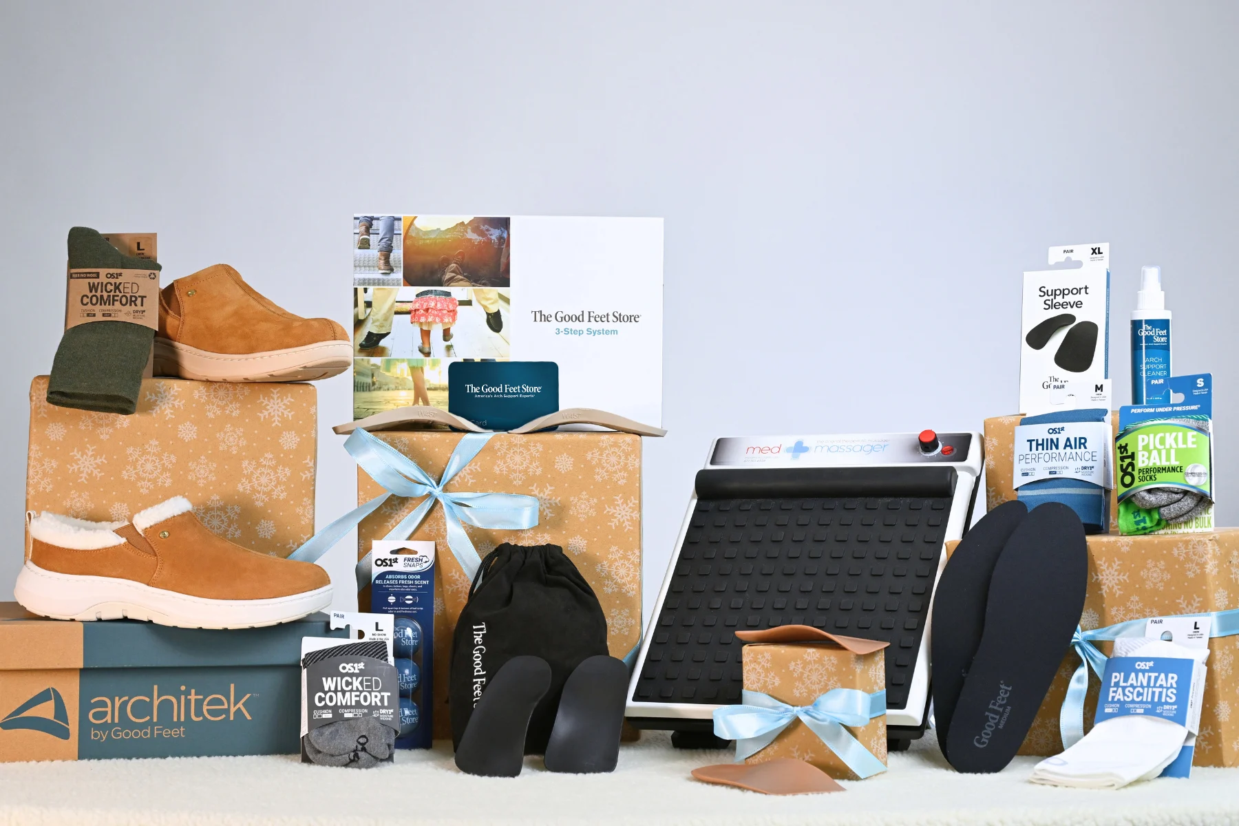 collection of Good Feet products with gift boxes