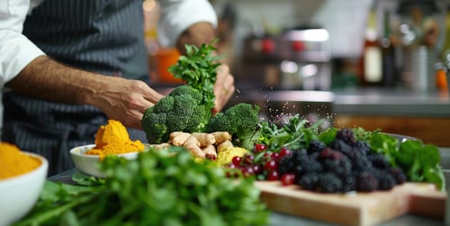 chef in kitchen with vegetables and greens that prevent body inflammation
