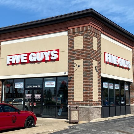 Exterior photograph of the Five Guys restaurant at 2505 La Porte Avenue in Valparaiso Indiana.