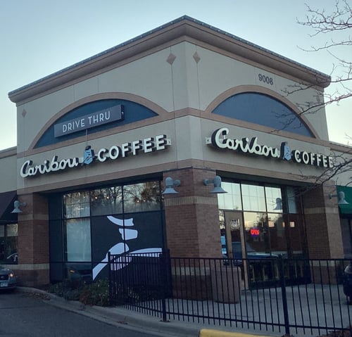 Storefront of the Caribou Coffee at 9008 Cahill Avenue in Inver Grove Heights