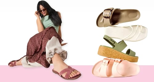 Woman wearing flat sandals next to 4 sandals stacked on top of each other