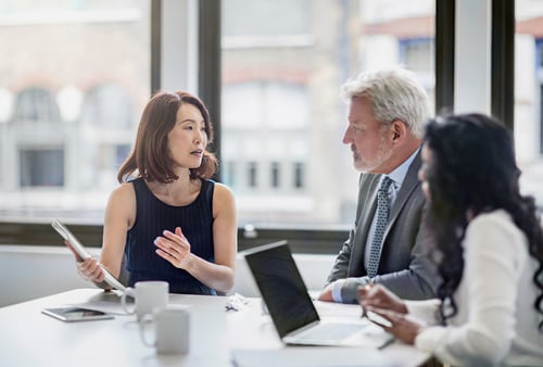 A diverse group of three professionals in a meeting room, with laptops and papers on the table. The woman in black speaks passionately.