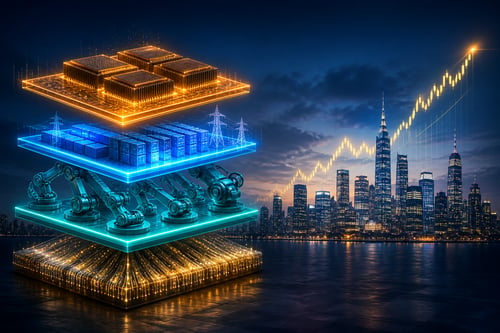 A glowing layered technology stack rising from the ground with distinct light layers representing memory chips, power infrastructure, robotic joints, and fiber-optic networks, set against a financial skyline at dusk with upward-trending golden chart lines.
