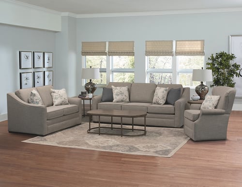 gray three-piece upholstered sofa and chair set with coffee table