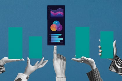 Five hands holding up vertical bars with the center bar containing graphics that include fever lines, pies and a bar chart.