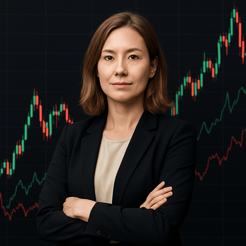 A woman standing in front of a candlestick stock chart
