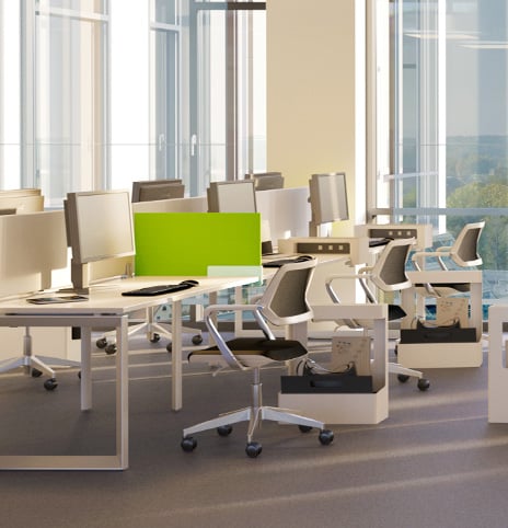 Modern office desks at Discount Office Equipment’s Berkley, MI showroom with CAD space planning, delivery & installation.