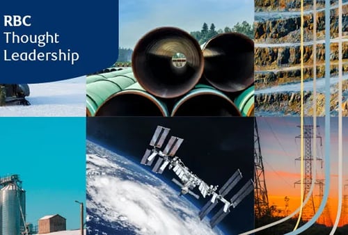 Collage of industrial and technological themes: stacked pipes, quarry, electricity pylons at sunset, grain silo, snowy terrain, space station over Earth. Text reads "RBC Thought Leadership."