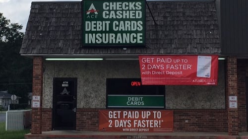 The exterior of ACE Cash Express at 2811 W 28th Ave, Pine Bluff AR, Offering Check Cashing Services and Money Order Services.