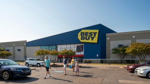 Family walking away from tree lined entrance of Best Buy at The Market at Wolfcreek shopping center