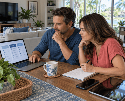 Couple comparing internet plans on a laptop and reviewing a handwritten checklist, with a phone and tablet on the table in their Orlando home.