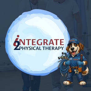 Integrate Physical Therapy logo displayed beside HERO, Restoration 1 of NW Cobb’s friendly dog mascot holding professional carpet-cleaning equipment.