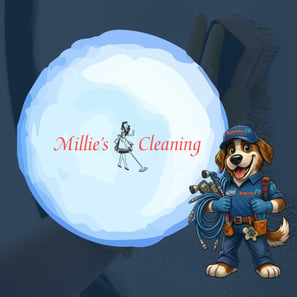 Millie’s Cleaning logo displayed beside HERO, Restoration 1 of NW Cobb’s friendly dog mascot holding professional carpet-cleaning equipment.