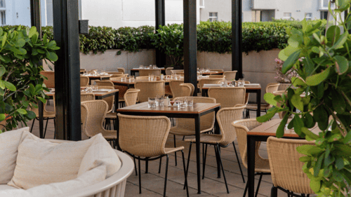 Restaurant seating area with wicker chairs, wooden tables set with glassware and lush greenery