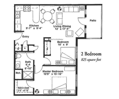 825 square feet two bedroom independent living apartment