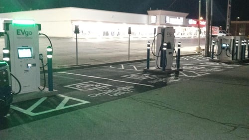 Several EVgo fast charging units installed in marked parking spaces at a public charging station, with EVgo logos on the chargers, protective bollards around each unit