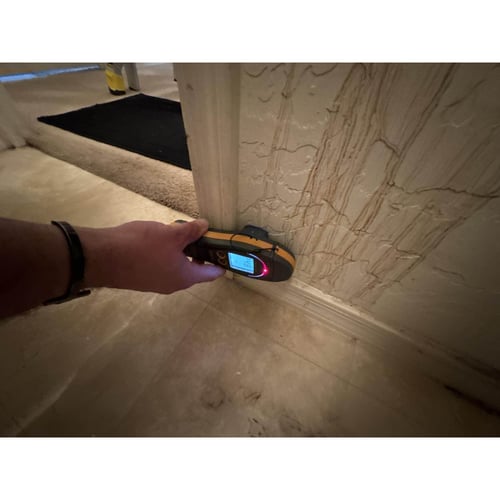 Restoration technician checking a wall for moisture after water damage