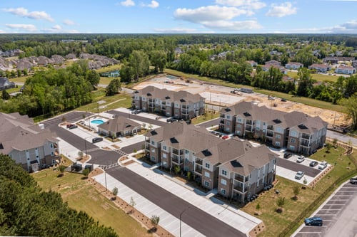 Aerial view of the apartment complex at Bradbury Place at Lynndale in Greenville, NC