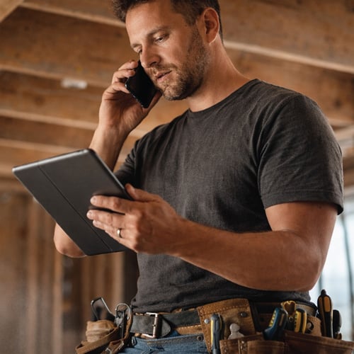 A contractor reviewing an electronic pad while on call.