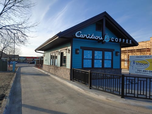 Storefront of the Caribou Coffee at 3071 25th Street S in Fargo