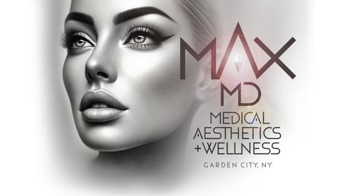 MAX MD Medical Aesthetics + Wellness logo over grayscale portrait, Garden City NY
