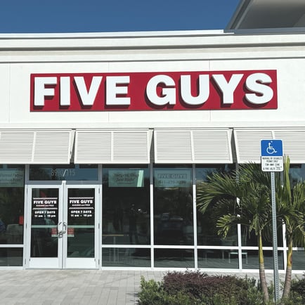 Exterior photograph of the Five Guys restaurant in Parrish Florida.