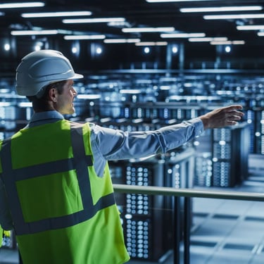 person pointing at a sea of servers in a data center