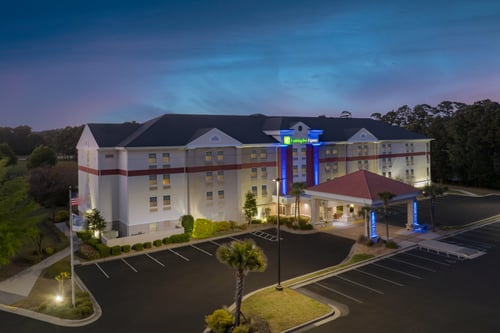 Aerial shot of hotel at dusk