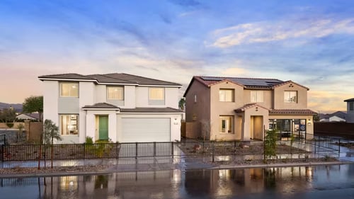 Street view of model homes in Pyramid Ranch by Pulte Homes in Coachella, CA.