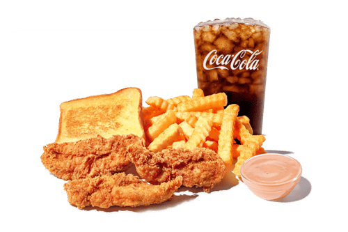 Big Zax Snak Meal with three hand-breaded Chicken Fingerz, crinkle fries, Texas toast, Zax Sauce, and a drink.