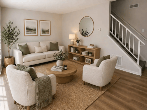 A living room with a white couch, two chairs, and a coffee table. at Indian Mound, Columbus, Ohio