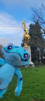 Freddie the Frog with Southeast Portland's Iconic Joan of Arc Statue