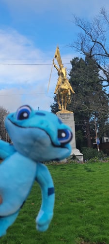 Freddie the Frog with Southeast Portland's Iconic Joan of Arc Statue