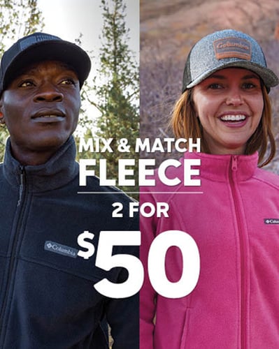 Man and Woman models wearing fleece jackets with promo text overlay.