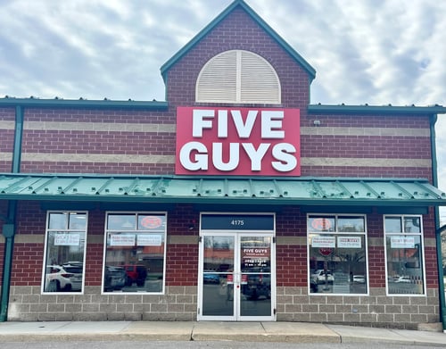 An exterior photograph of the Five Guys restaurant at 4175 Washington Road in McMurray, Pennsylvania.