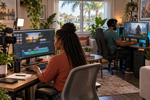 Content creator uploading a video project while her partner downloads a game at a nearby computer in a bright Orlando home studio.