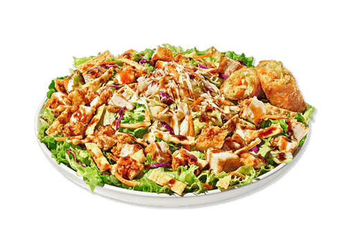 Asian Zensatino Zalad™ with mixed greens with carrots and red cabbage, wonton strips, asian slaw, and a drizzle for Teriyaki Sauce with fried chicken.