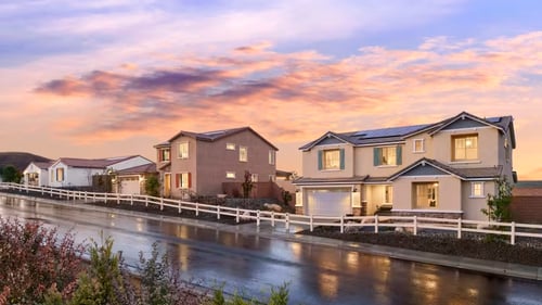 Street view of model homes in Meadows at Cimarron Ridge by Pulte Homes in Menifee, CA.
