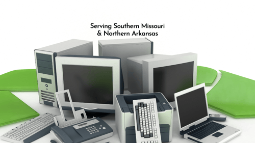 Stylized image of computers, monitors, keyboards and other electronic equipment on a large recycling symbol. Text says, "Serving Southern Missouri & Northern Arkansas."