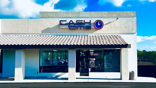 Cash Time North Phoenix storefront in Greenway Village Square at 35th Avenue and Greenway Road next to Quick Quack Car Wash offering title loan buyouts, registration loans, and personal loans with same day cash and 15 minute approvals