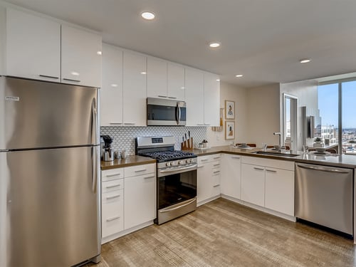 Spacious Kitchen with Stainless Steel Appliances at Sentral DTLA at 755 S. Spring